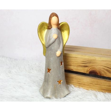 Statuetta in ceramica Angelo con ali dorate / con stella a LED / 20 cm / 32207-2 / TEC-B129M