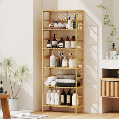 Étagère en bambou naturel 6 niveaux, étagère de rangement autoportante avec plateaux réglables, meuble de stockage en bois naturel. (1/5)