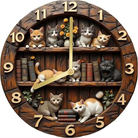 Horloge murale chat - Mouvement silencieux - 30 cm - Bois - Horloge ronde moderne avec chiffres - Horloge murale à motif chat - Idéale pour le salon ou la chambre (1/5)