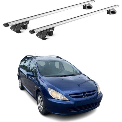 OMAC Barres de toit aluminium certifiées TÜV pour Peugeot 307 Break 2001-2008 – Pour rails de toit standards – Rainure en T – Charge max 90 kg – 2 antivols Argent (1/4)