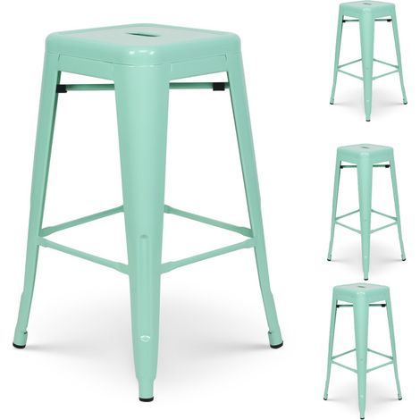 Juego de 4 taburetes de bar de estilo industrial en color verde claro brillante, 66 cm de altura. (1/5)