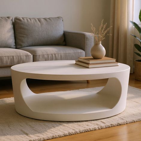 M&S – Table basse ovale écru 100x36x56 cm – Panneaux de particules – Surface lisse – Compatible avec canapés classiques et modernes