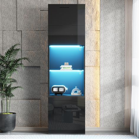 Vetrina nera lucida con illuminazione LED USB, 1 ripiano in vetro temperato, 160 cm DESVIAE (1/5)