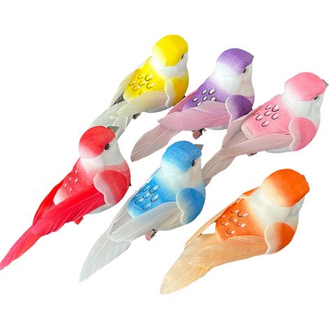Juego de 12 pájaros artificiales decorativos: adornos de plumas coloridas para jardín e interiores. (1/5)
