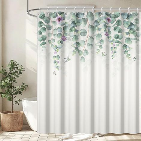 1 Rideau Douche, 180x180cm Polyester Imperméable, Motif Eucalyptus, Avec 12 Crochets, Pour Salle De Bain (1/5)