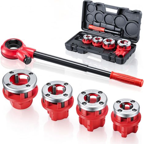 Coffret Filières de Plombier, 4 Filières 1/2, 3/4, 1, 1-1/4 pouce NPT, Kit de Filetage de Tuyau à Cliquet Manuel pour Installation Réparation Tuyaux Plomberie, avec Mallette Transport Portable (1/5)
