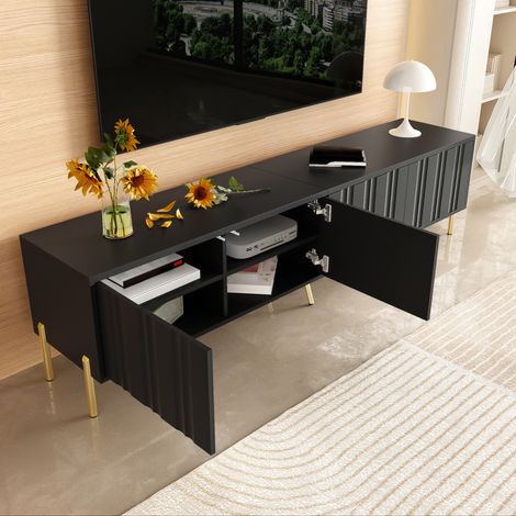 Mueble TV negro 190 x 38 x 48 cm con 4 puertas y patas doradas DESVIAE (1/5)