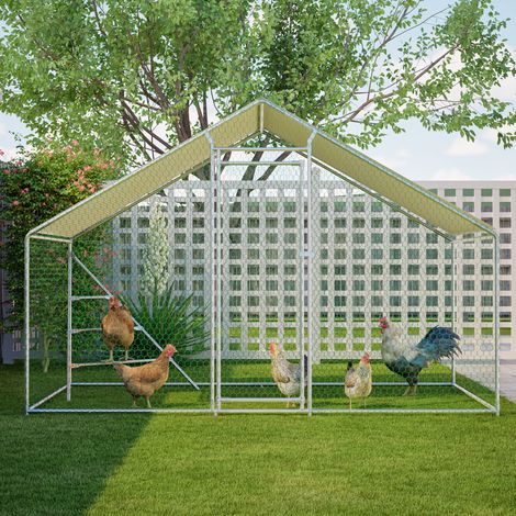Gabbia per polli in metallo 303 x 200 x 200 cm con tetto, porta con chiusura e scala, bianco HAVRYA (1/5)