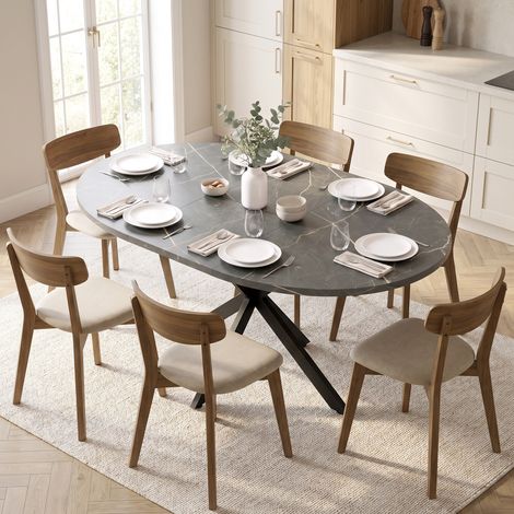 Table à manger extensible ovale pour 4 à 6 personnes, table de cuisine avec rallonge 100-135 cm, effet marbre noir (1/5)