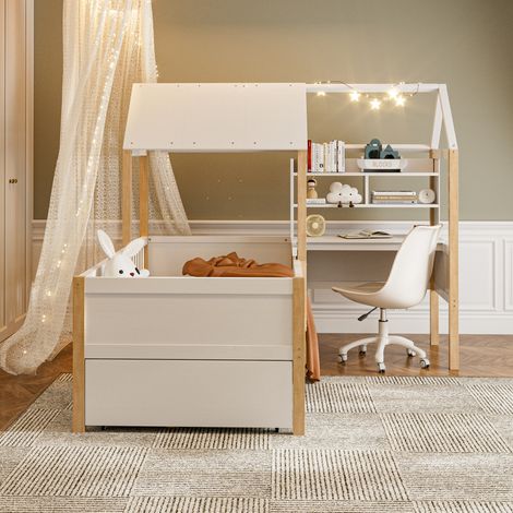 Letto bambino 90x200 cm con scrivania, scaffale e cassetti, bianco DESVIAE (1/5)