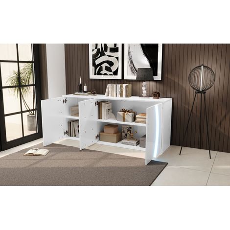 Buffet salon 150x40x70 cm blanc brillant 3 portes, meuble rangement LED design, armoire panneaux particules 150 cm