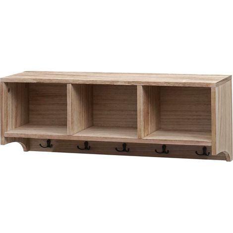 HHG – Étagère murale porte manteau avec 3 compartiments de rangement et 5 crochets – MDF en paulownia – Dimensions 30x80x20cm – Look shabby chic - HHG-412