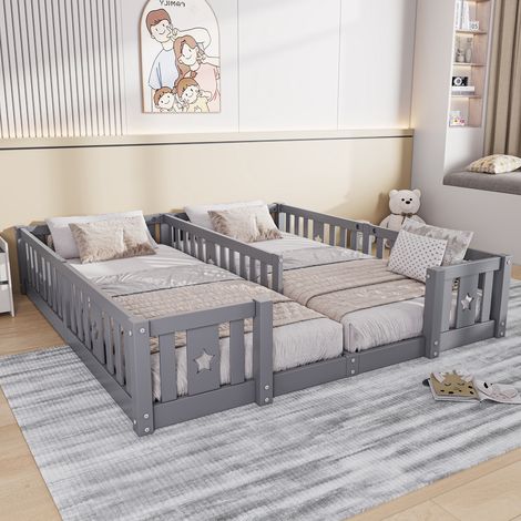 Einzelbett 90x200cm – Bodenbett für 2 Kinder mit Sicherheitsgittern, senkrechten Sprossen und Sternmotiv – Kiefer und MDF – Dunkelgrau