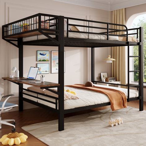Lit Superposé 140x200 cm avec Bureau et Rangement Ouvert Réversibles Gauche/Droite, Échelle et Garde-Corps, sans Matelas, Métal et MDF - Noir (1/5)