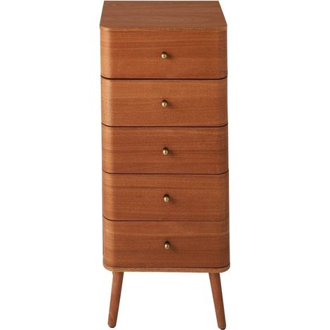 Calicosy – Chiffonnier 5 tiroirs H100 cm – Façades bords arrondis – Corps placage bois et pieds en pin véritable – Dimensions 42x35 cm