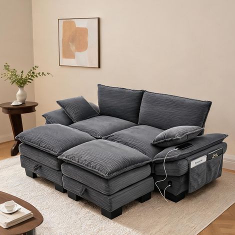 Canapé modulable 2 places avec 2 poufs en velours côtelé gris (1/5)
