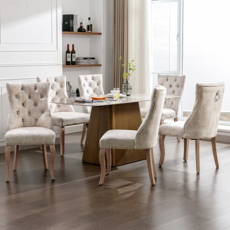 Chaises de salle à manger à quatre pieds — Chaises à dossier haut en velours beige clair capitonné — Structure en bois massif — Beige clair (Lot de 6) (1/4)