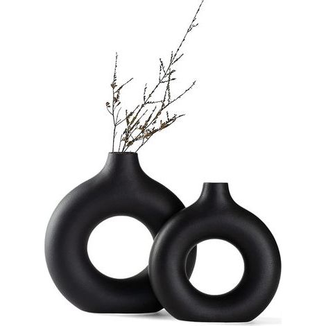 Vase Céramique - Design Donut Creux - Noir Mat - Style Nordique Minimaliste - Pour Fleurs Séchées Et Pampa - Lot De 2 (1/5)