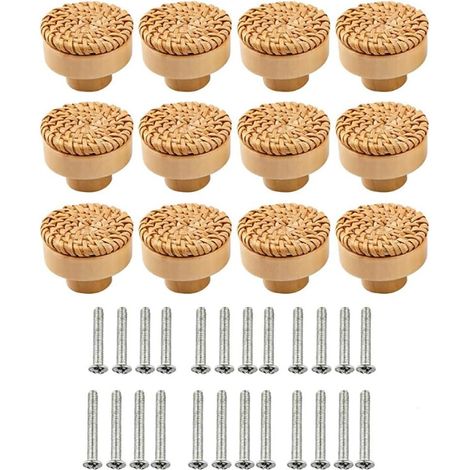 Lot de 12 boutons de meuble en rotin - 40 mm - Avec vis de 25 mm + 30 mm - Décoration bohème - Naturel - Pour armoire, tiroirs, salon, armoires de cuisine
