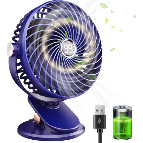 Ventilateur de Bureau, Mini Ventilateur USB Silencieux avec Écran LCD, 6000mAh Petit Ventilateur Portable Rechargeable, 5 Vitesses, Rotation 720°, Ventilateur Pince pour Bureau Maison Camping (1/5)