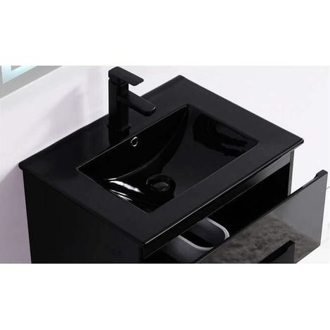 Rue Du Bain – Vasque à encastrer en céramique noire brillante 61x47 cm – Trop plein avec cache chromé – Installation facile sur meuble de 60 cm