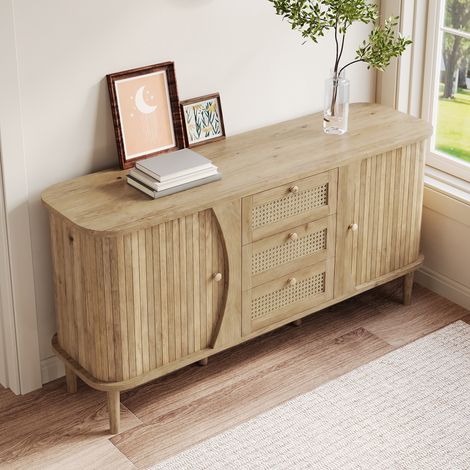 Buffet bas 140,5x40 cm avec portes coulissantes effet cannage, 3 tiroirs, étagères réglables et pieds en bois, panneaux de particules, Bois naturel (1/5)