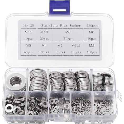 Belle Vous Rondelle Inox avec Boîte de Rangement (Lot de 580) - Assortiment de 9 Tailles M2, M2.5, M3, M4, M5, M6, M8, M10 & M12 - Lot de Rondelles Métal - Réparations, Usines & Décoration Intér (1/4)