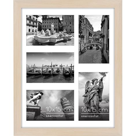 Cadre Photo 10x15 cm Bois Clair - Cadre Pêle-Mêle 28x36 cm sans Passe-Partout ou avec Passe-Partout pour Cinq Photos 15x10 cm avec Verre Résistant aux Chocs (1/5)