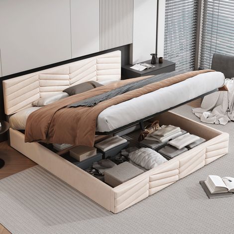 Letto imbottito moderno 180x200 cm in velluto beige con contenitore idraulico, testiera regolabile e rete a doghe (1/5)