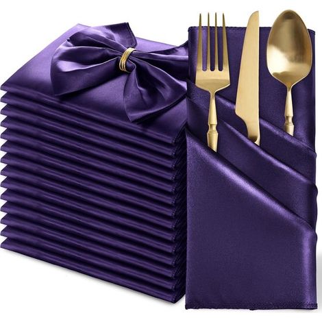 longziming - Serviettes en satin - Serviettes carrées - Toucher soyeux et brillance luxueuse - Satin de polyester - Infroissable et résistant à la lumière - 12 pièces - Violet foncé (1/5)