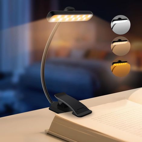 Leselampe mit 24 LEDs, 315° drehbar, wiederaufladbar, 5 Helligkeitsstufen und 3 Farben, 360° flexibler Hals, lange Akkulaufzeit zum Lesen im Bett (schwarz) (1/5)
