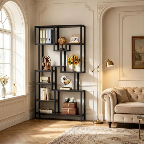 Étagère bibliothèque 100x30x180 cm en bois et métal noir, gain de place pour salon FloraGrace (1/5)