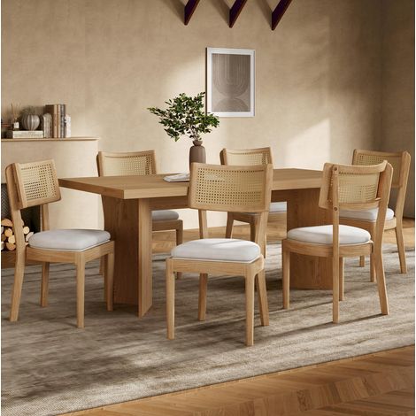 Lot de 6 chaises de salle à manger 50x58x88 cm en bois et rotin, coussin lin, stables – MEUBLIV (1/5)