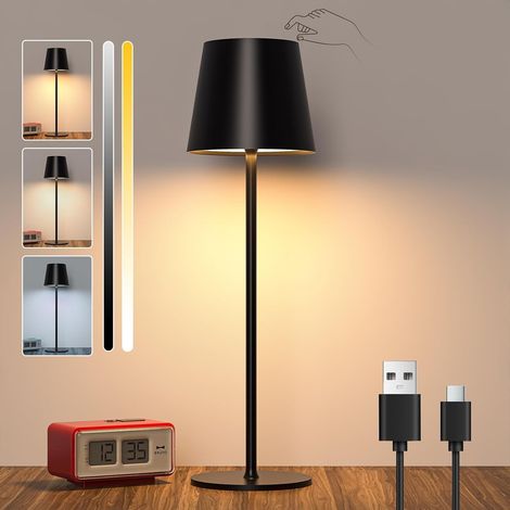 Lampe de Table à Batterie LED Dimmable, Lampe de Table Sans Fil Tactile Lampe de Bureau à Batterie Rechargeable Extérieure Étanche IP44 avec USB-C pour Terrasse, Restaurant, 5600mah, 5W, Noir (1/5)