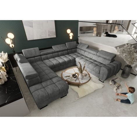 Wohnlandschaft Schlafsofa BASTIEN XL in Stoff Terra Grau Ottomane Links
