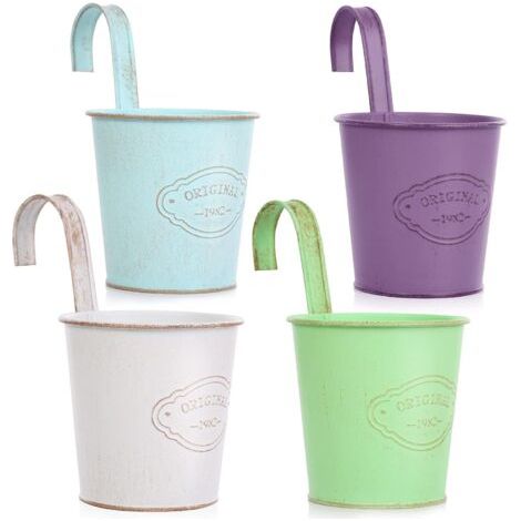 4 Pcs Pot de Fleurs Suspendu Métal avec Trou de Drainage,Pot de Fleur Métal Coloré avec Crochet Amovible, Style Vintage pour Décotation Balcon Jardin Mural Clôture Modèl-02 (1/5)
