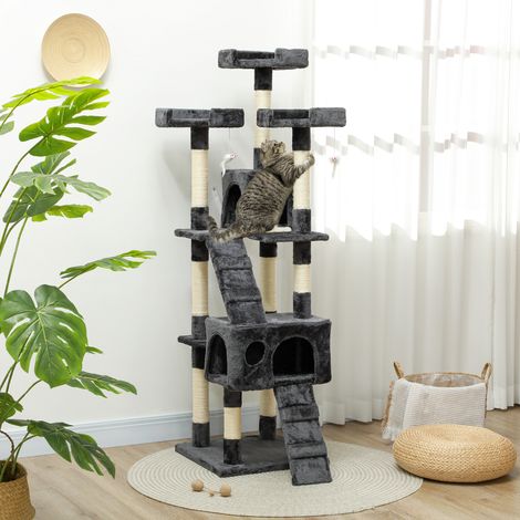 Arbre à chat à griffer, 173 cm, tour d'escalade avec 4 plateformes, rampes, 2 niches, 3 couchages, poteaux en sisal, jouets suspendus, gris