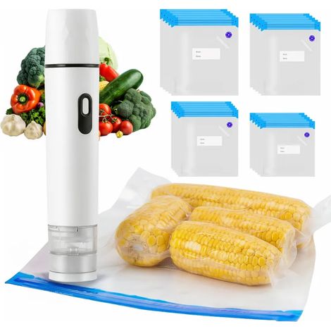 Petite machine à emballer sous vide, machine à vide portable avec une puissance d'aspiration de 60 kPa, thermoscelleuse compacte pour aliments, livrée avec 20 sachets sous vide réutilisables (1/5)