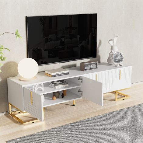 REDOM Meuble TV 170x40x45.5 cm Rangements spacieux panneau de particules pieds dorés blanc (1/5)