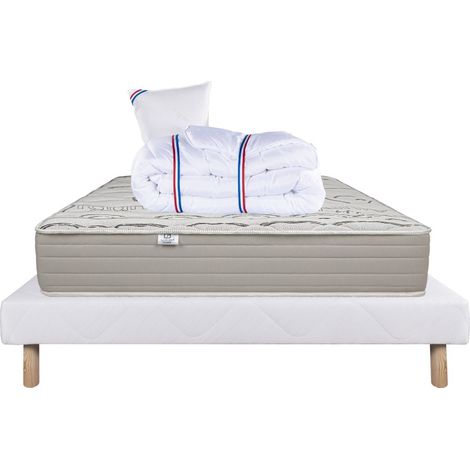 Ensemble Matelas Organic Cotton, 24 cm, mousses haute densité, ferme, face été/hiver+sommier blanc ep 13cm+oreiller+couette, 90x190cm (1/5)