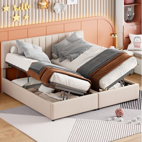 Cama con espacio de almacenamiento tapizada en lino beige 180x200 cm, convertible en 2 camas de 90 cm (1/5)