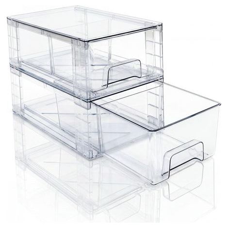 Lot de 2 Tiroirs de Rangement Empilables Transparent Petit Modèle, Organisateurs Acrylique avec Poignées, pour Réfrigérateur, Salle de Bain, Cuisine, Placard, Rangement Garde-Manger (1/5)