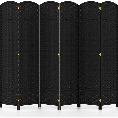 Paravent Pliant à 6 Panneaux, Séparateur de Pièce Pliable H.170 CM avec Texture Tissée à la Main et Cadre en Bois Massif de Pin, Noir (1/5)
