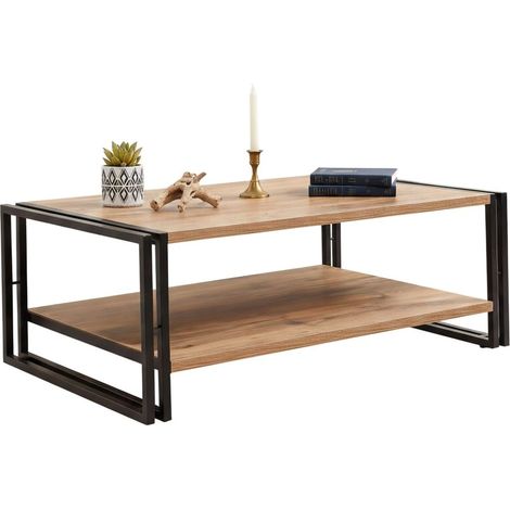 Dmora - Mesa de café Sirius, Mesa de centro baja, Revistero para sofá, Estante de la sala de estar, 110x70h40 cm, Roble y Negro, con embalaje reforzado