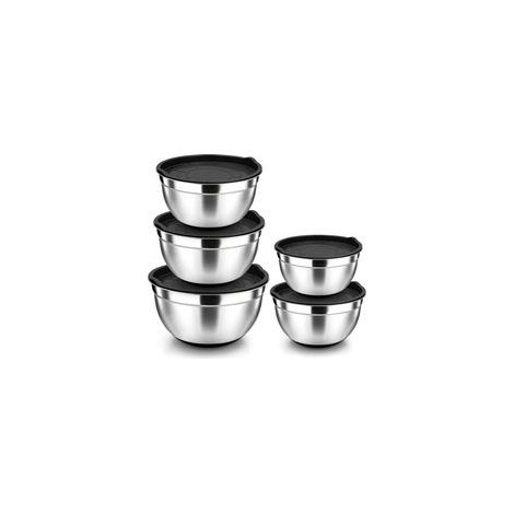 Lot de 5 saladiers mélangeurs en acier inoxydable avec couvercle noir et fond en silicone antidérapant, pour la cuisson, inoxydable et passe au lave-vaisselle (4,5/2,7/1,5/1,2/0,7 l)
