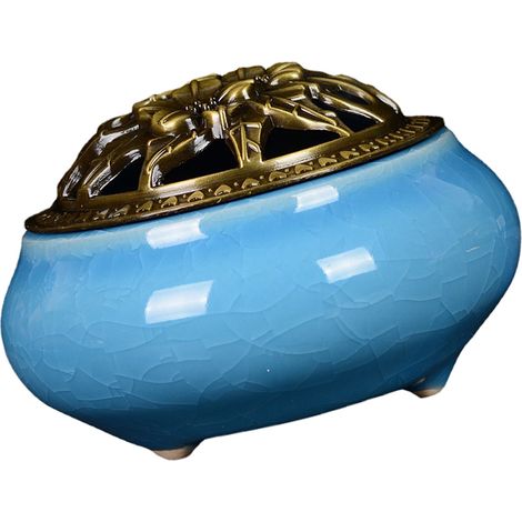 Brûleur d'encens en céramique bleu ciel pour usage intérieur, effet craquelé, avec couvercle (1/5)