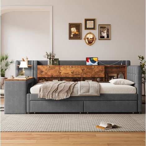 Bett Tagesbett Stauraum 90x200 Leinen Grau OKMYHOME (1/5)