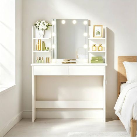 Toeletta con specchio LED, 90 x 40 x 135 cm, 2 cassetti, bianca DESVIAE (1/5)