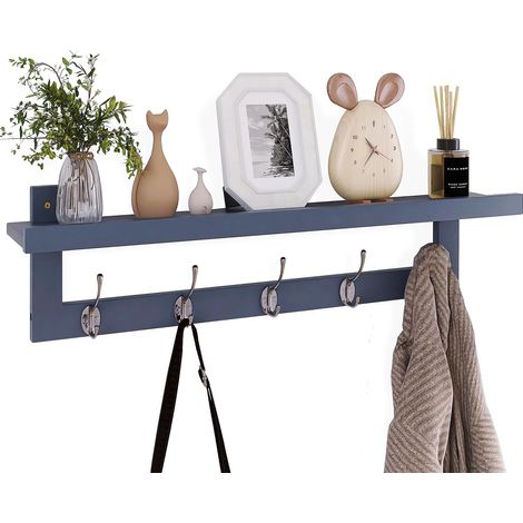 Porte-manteau mural avec étagère de 74 cm pour entrée, étagère murale en bambou avec 5 crochets doubles en métal pour salle de bain, chambre à coucher, cuisine, salon, vestiaire (gris) (1/5)