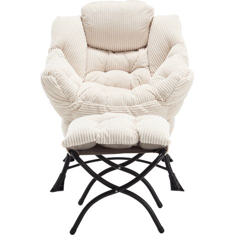 Fauteuil lounge avec ottomane, accoudoirs et poche latérale, fauteuil rembourré en flanelle blanc (1/5)